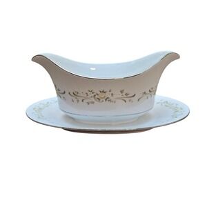 SANGO China Gravy Boat Attached Underplate Debutant Pattern Gold Trim‎